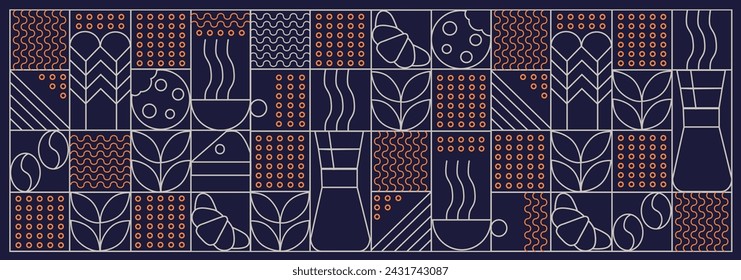 Ilustración dibujada a mano de Panadería y Café. Iconos. Fondo de línea geométrica abstracto. Lujo dorado. Patrón para el diseño de la cubierta, paquete de alimentos, menú, fondo, pared de café, cafetería, banner web