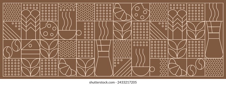 Hand drawn illustration of Bakery and Coffee. Icons. Abstract geometric line background. Gold luxury. Pattern for cover design, food package, menu, background, café wall, coffee shop, web banner