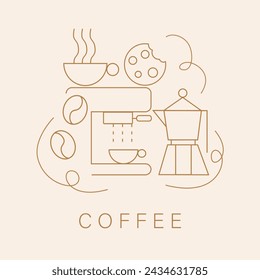 Hand drawn illustration of Bakery and Coffee. Abstract geometric line background. Pattern for cover design, food package, menu, background, café wall, coffee shop, web banner