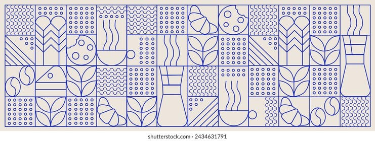 Hand drawn illustration of Bakery and Coffee. Icons. Abstract geometric line background. Pattern for cover design, food package, menu, background, café wall, coffee shop, web banner