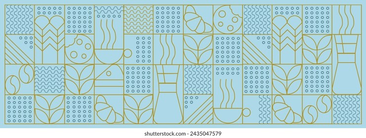 Ilustración dibujada a mano de Panadería y Café. Iconos. Fondo de línea geométrica abstracto. Lujo dorado. Patrón para el diseño de la cubierta, paquete de alimentos, menú, fondo, pared de café, cafetería, banner web