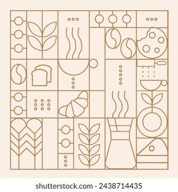 Handgezeichnete Illustration von Bäckerei und Kaffee. Symbole. Abstrakter geometrischer Linienhintergrund. Gold Luxus. Muster für Cover-Design, Lebensmittelpaket, Menü, Hintergrund, Café-Wand, Coffee Shop, Web-Banner