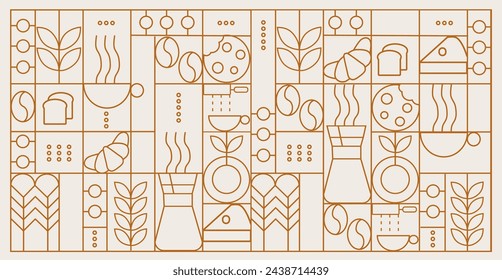 Ilustración dibujada a mano de Panadería y Café. Iconos. Fondo de línea geométrica abstracto. Lujo dorado. Patrón para el diseño de la cubierta, paquete de alimentos, menú, fondo, pared de café, cafetería, banner web