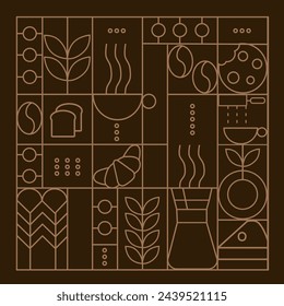 Hand drawn illustration of Bakery and Coffee. Icons. Abstract geometric line background. Gold luxury. Pattern for cover design, food package, menu, background, café wall, coffee shop, web banner