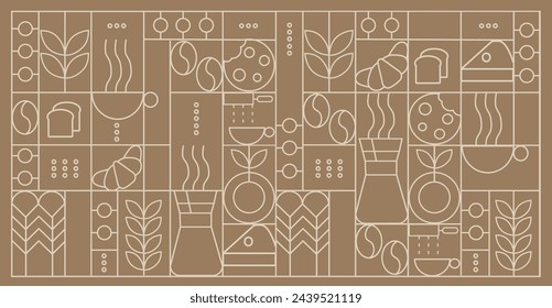 Hand drawn illustration of Bakery and Coffee. Icons. Abstract geometric line background. Gold luxury. Pattern for cover design, food package, menu, background, café wall, coffee shop, web banner