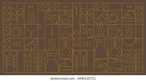 Hand drawn illustration of Bakery and Coffee. Icons. Abstract geometric line background. Gold luxury. Pattern for cover design, food package, menu, background, café wall, coffee shop, web banner