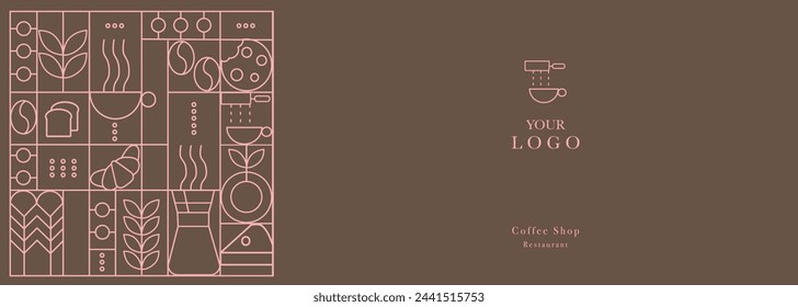 Hand drawn illustration of Bakery and Coffee. Icons. Abstract geometric line background. Gold luxury. Illustration for cover design, food package, menu, background, café wall, coffee shop, web banner.