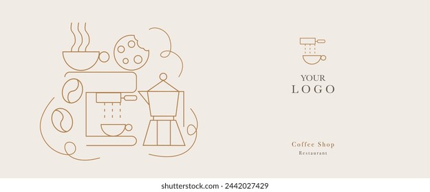 Hand drawn illustration of Bakery and Coffee. Icons. Abstract geometric line background. Gold luxury. Illustration for cover design, food package, menu, background, café wall, coffee shop, web banner.