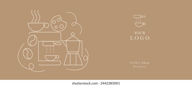 Hand drawn illustration of Bakery and Coffee. Icons. Abstract geometric line background. Gold luxury. Illustration for cover design, food package, menu, background, café wall, coffee shop, web banner.