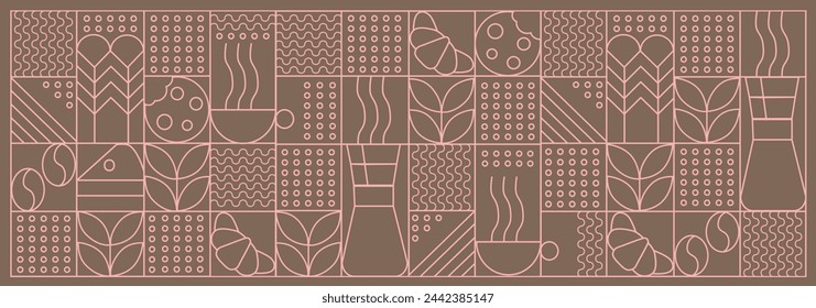 Ilustración dibujada a mano de Panadería y Café. Iconos. Fondo de línea geométrica abstracto. Lujo dorado. Ilustración para diseño de portada, paquete de alimentos, menú, fondo, pared de café, cafetería, banner web.