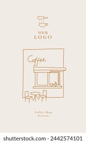 Hand drawn illustration of Bakery and Coffee Shop. Abstract geometric line background. Gold luxury. Illustration for cover design, food package, menu, background, café wall, coffee shop, web banner.