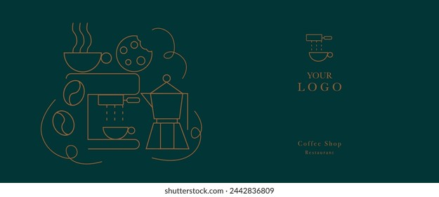 Hand drawn illustration of Bakery and Coffee. Icons. Abstract geometric line background. Gold luxury. Illustration for cover design, food package, menu, background, café wall, coffee shop, web banner.