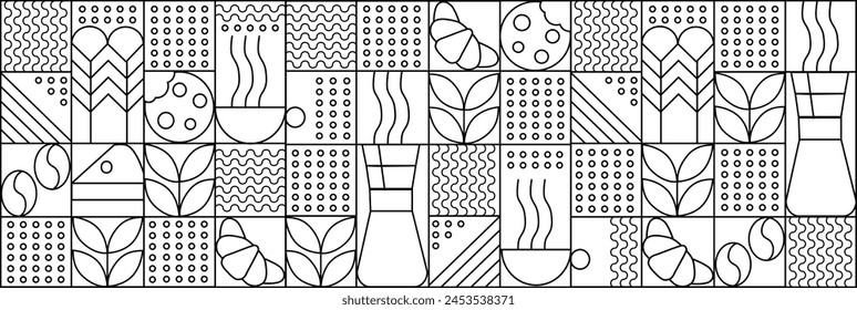 Ilustración dibujada a mano de Panadería y Café. Iconos. Abstractas fondo de línea geométrica. Lujo dorado. Patrón para el diseño de la cubierta, paquete de alimentos, menú, fondo, pared de café, cafetería, Anuncio de Web