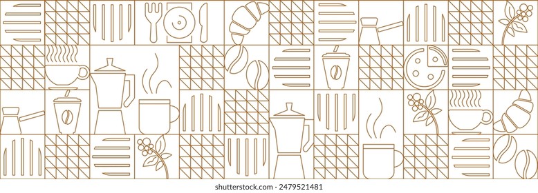 Hand drawn illustration of Bakery and Coffee. Icons. Abstract geometric line background. Gold luxury. Pattern for cover design, food package, menu, background, café wall, coffee shop, web banner
