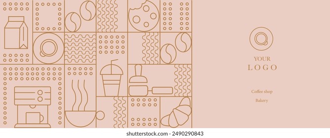 Hand drawn illustration of Bakery and Coffee. Icons. Abstract geometric line background. Gold luxury. Pattern for cover design, food package, menu, background, café wall, coffee shop, web banner