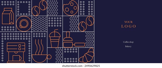Hand drawn illustration of Bakery and Coffee. Icons. Abstract geometric line background. Gold luxury. Pattern for cover design, food package, menu, background, café wall, coffee shop, web banner