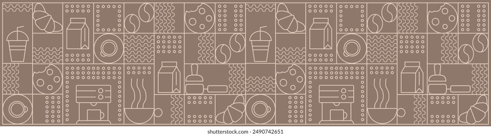 Hand drawn illustration of Bakery and Coffee. Icons. Abstract geometric line background. Gold luxury. Pattern for cover design, food package, menu, background, café wall, coffee shop, web banner