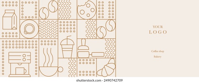 Hand drawn illustration of Bakery and Coffee. Icons. Abstract geometric line background. Gold luxury. Pattern for cover design, food package, menu, background, café wall, coffee shop, web banner