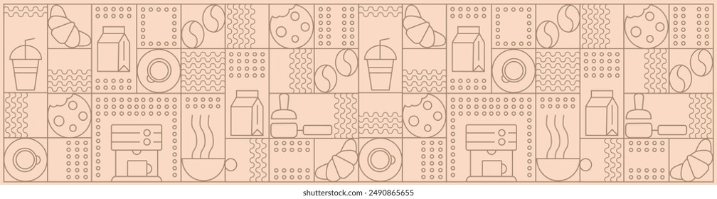 Hand drawn illustration of Bakery and Coffee. Icons. Abstract geometric line background. Gold luxury. Pattern for cover design, food package, menu, background, café wall, coffee shop, web banner