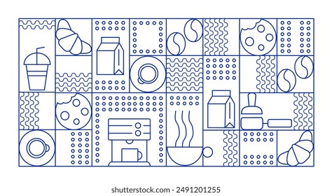 Hand drawn illustration of Bakery and Coffee. Icons. Abstract geometric line background. Gold luxury. Pattern for cover design, food package, menu, background, café wall, coffee shop, web banner