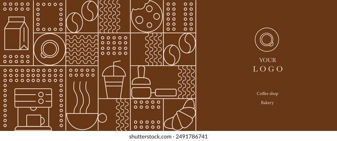 Hand drawn illustration of Bakery and Coffee. Icons. Abstract geometric line background. Gold luxury. Pattern for cover design, food package, menu, background, café wall, coffee shop, web banner