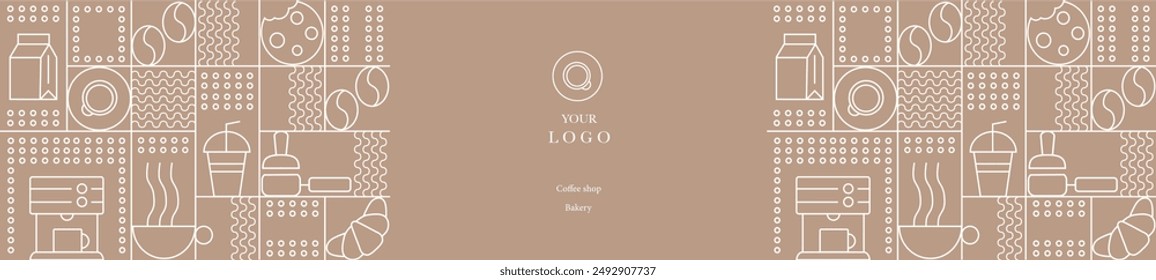 Hand drawn illustration of Bakery and Coffee. Icons. Abstract geometric line background. Gold luxury. Pattern for cover design, food package, menu, background, café wall, coffee shop, web banner