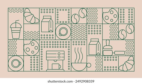 Hand drawn illustration of Bakery and Coffee. Icons. Abstract geometric line background. Gold luxury. Pattern for cover design, food package, menu, background, café wall, coffee shop, web banner