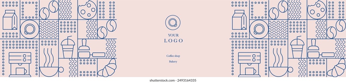Hand drawn illustration of Bakery and Coffee. Icons. Abstract geometric line background. Gold luxury. Pattern for cover design, food package, menu, background, café wall, coffee shop, web banner