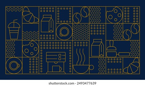 Hand drawn illustration of Bakery and Coffee. Icons. Abstract geometric line background. Gold luxury. Pattern for cover design, food package, menu, background, café wall, coffee shop, web banner