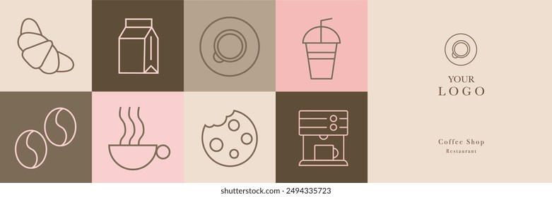 Hand drawn illustration of Bakery and Coffee. Icons. Abstract geometric line background. Gold luxury. Pattern for cover design, food package, menu, background, café wall, coffee shop, web banner