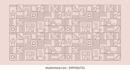 Hand drawn illustration of Bakery and Coffee. Icons. Abstract geometric line background. Gold luxury. Pattern for cover design, food package, menu, background, café wall, coffee shop, web banner