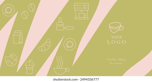 Hand drawn illustration of Bakery and Coffee. Icons. Abstract geometric line background. Gold luxury. Pattern for cover design, food package, menu, background, café wall, coffee shop, web banner