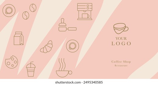 Hand drawn illustration of Bakery and Coffee. Icons. Abstract geometric line background. Gold luxury. Pattern for cover design, food package, menu, background, café wall, coffee shop, web banner