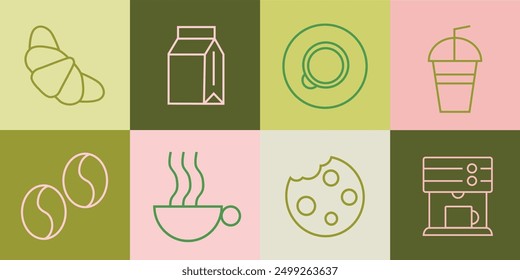 Hand drawn illustration of Bakery and Coffee. Icons. Abstract geometric line background. Gold luxury. Pattern for cover design, food package, menu, background, café wall, coffee shop, web banner