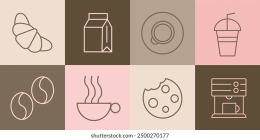 Hand drawn illustration of Bakery and Coffee. Icons. Abstract geometric line background. Gold luxury. Pattern for cover design, food package, menu, background, café wall, coffee shop, web banner