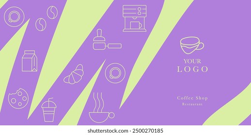 Hand drawn illustration of Bakery and Coffee. Icons. Abstract geometric line background. Gold luxury. Pattern for cover design, food package, menu, background, café wall, coffee shop, web banner