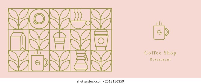 Hand drawn illustration of Bakery and Coffee. Icons. Abstract geometric line background. Gold luxury. Pattern for cover design, food package, menu, background, café wall, coffee shop, web banner