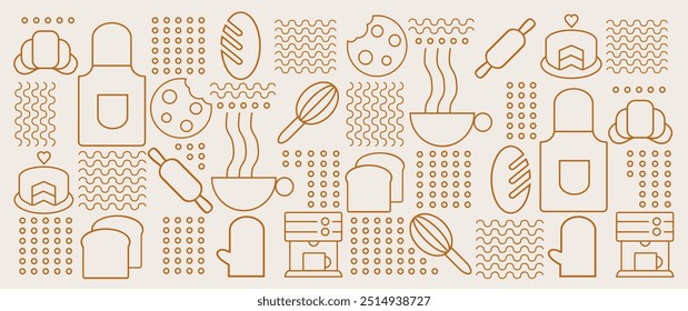  Ilustração desenhada à mão de Padaria e Café. Ícones. Pão, xícara de café, prato, cookie e croissant. Fundo abstrato da linha geométrica. Padaria padrão.