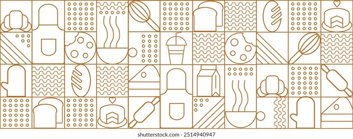  Dibujado a mano ilustración de panadería y café. Iconos. Pan, taza de café, plato, galleta y croissant. Fondo de línea geométrica Abstractas. Patrón de panadería.