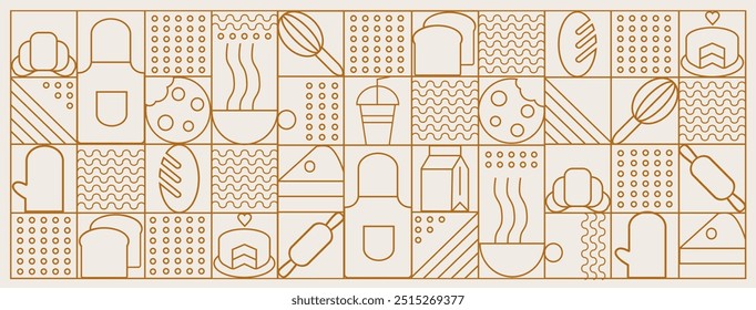  Ilustração desenhada à mão de Padaria e Café. Ícones. Pão, xícara de café, prato, cookie e croissant. Fundo abstrato da linha geométrica. Padaria padrão.