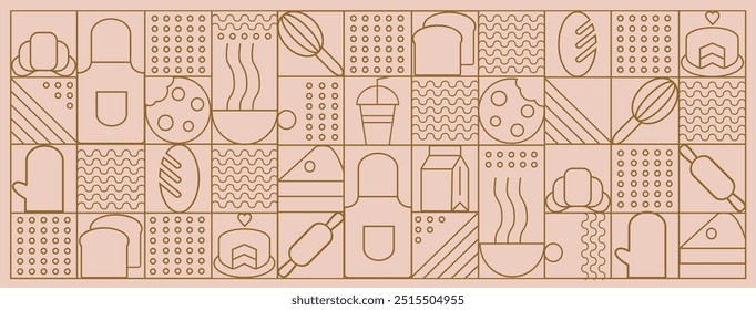  Dibujado a mano ilustración de panadería y café. Iconos. Pan, taza de café, plato, galleta y croissant. Fondo de línea geométrica Abstractas. Patrón de panadería.