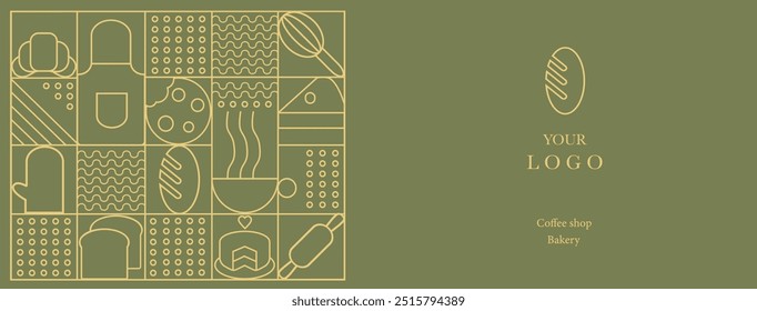  Hand drawn illustration of Bakery and Coffee. Icons. Bread, cup of coffee, dish, cookie and croissant. Abstract geometric line background. Bakery pattern.