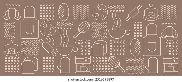  Dibujado a mano ilustración de panadería y café. Iconos. Pan, taza de café, plato, galleta y croissant. Fondo de línea geométrica Abstractas. Patrón de panadería.