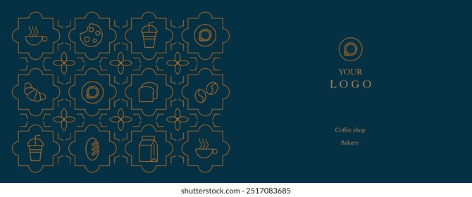 Hand drawn illustration of Bakery and Coffee. Icons. Abstract geometric line background. Gold luxury. Pattern for cover design, food package, menu, background, café wall, coffee shop, web banner