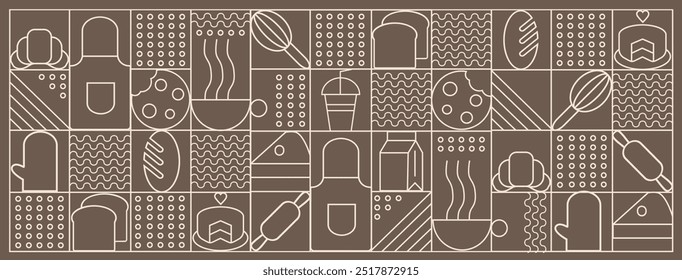  Dibujado a mano ilustración de panadería y café. Iconos. Pan, taza de café, plato, galleta y croissant. Fondo de línea geométrica Abstractas. Patrón de panadería.