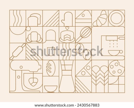 Hand drawn illustration of Bakery and Coffee. Icons. Bread, bakery products,  dish, food processor, wheat. Abstract geometric line background. Gold luxury