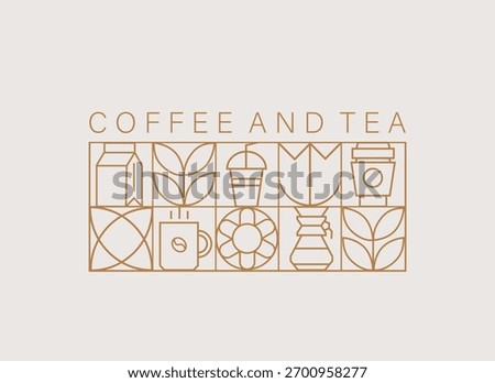 Hand drawn illustration of Bakery and Coffee. Icons. Abstract geometric line background. Gold luxury. Pattern for cover design, food package, menu, background, café wall, coffee shop, web banner
