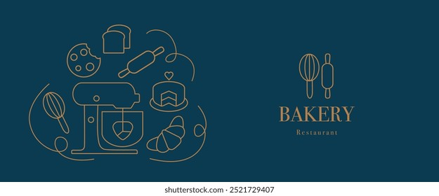 Hand drawn illustration for Bakery. Icons. Food processor, cake, rolling pin, dough, whisk, bakeware dish, cookie and croissant. Template for background, banner, menu, card, poster. Vector EPS10 