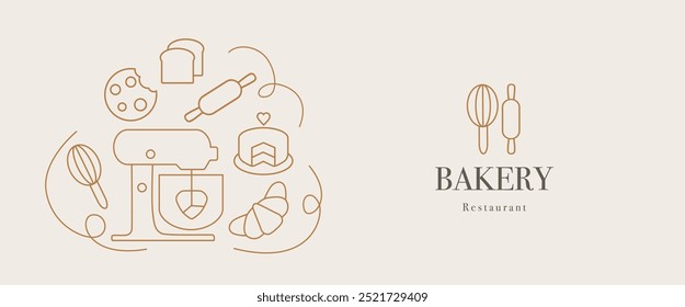 Handgezeichnete Illustration für Bäckerei. Symbole. Küchenmaschine, Kuchen, Rollnadel, Teig, Whisk, Backgeschirr, Keks und Croissant. Vorlage für Hintergrund, Banner, Menü, Karte, Poster. Vektor-EPS10 