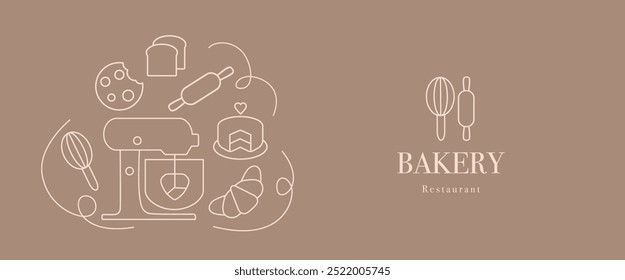 Hand drawn illustration for Bakery. Icons. Food processor, cake, rolling pin, dough, whisk, bakeware dish, cookie and croissant. Template for background, banner, menu, card, poster. Vector EPS10 